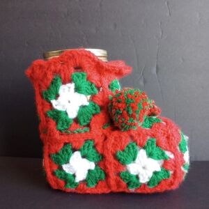 Vtg Handmade Crochet Christmas Boot Candy Holder Granny Squares W/Vtg Ball Jar